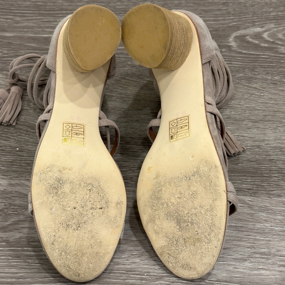 Jeffrey Campbell Despina Taupe Suede Strappy Tassel Block Heel 9.5 Boho Festival - Picture 7 of 12